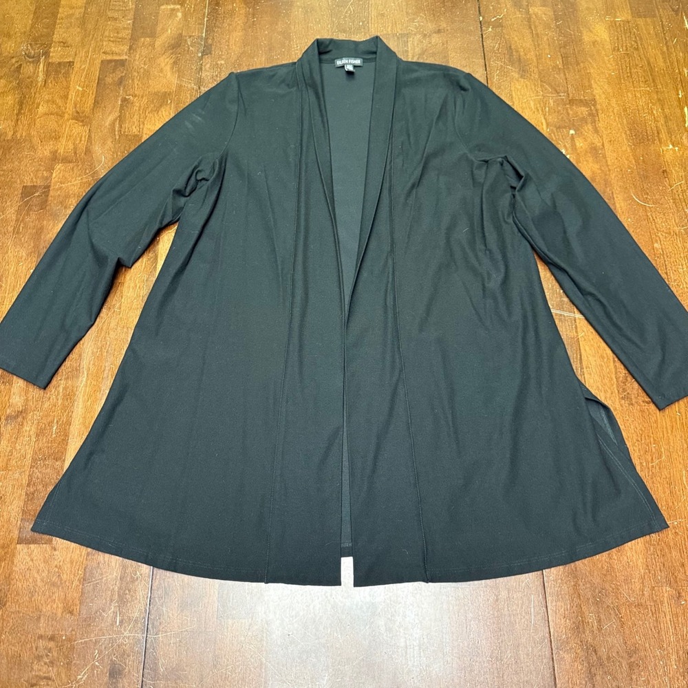 Eileen Fisher Cardigan Women L Black Open Front Viscose Jersey Shawl Collar